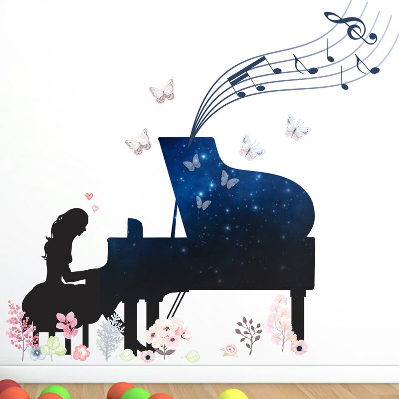 Autocollant-Mural-toile-bleue-pour-Piano-fille-fleur-papillon-d-coration-pour-la-maison-chambre-d