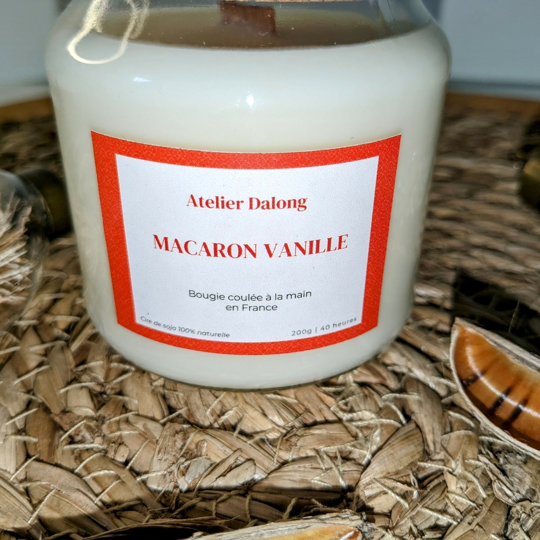 bougie parfumée cire de soja macaron vanille mèche bois