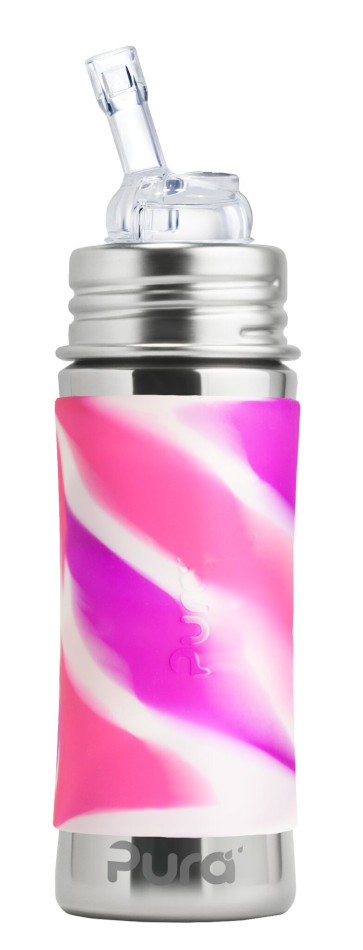Gourde Isotherme  pink swirl - Pura Kiki acier inoxydable avec embout paille 325 ml