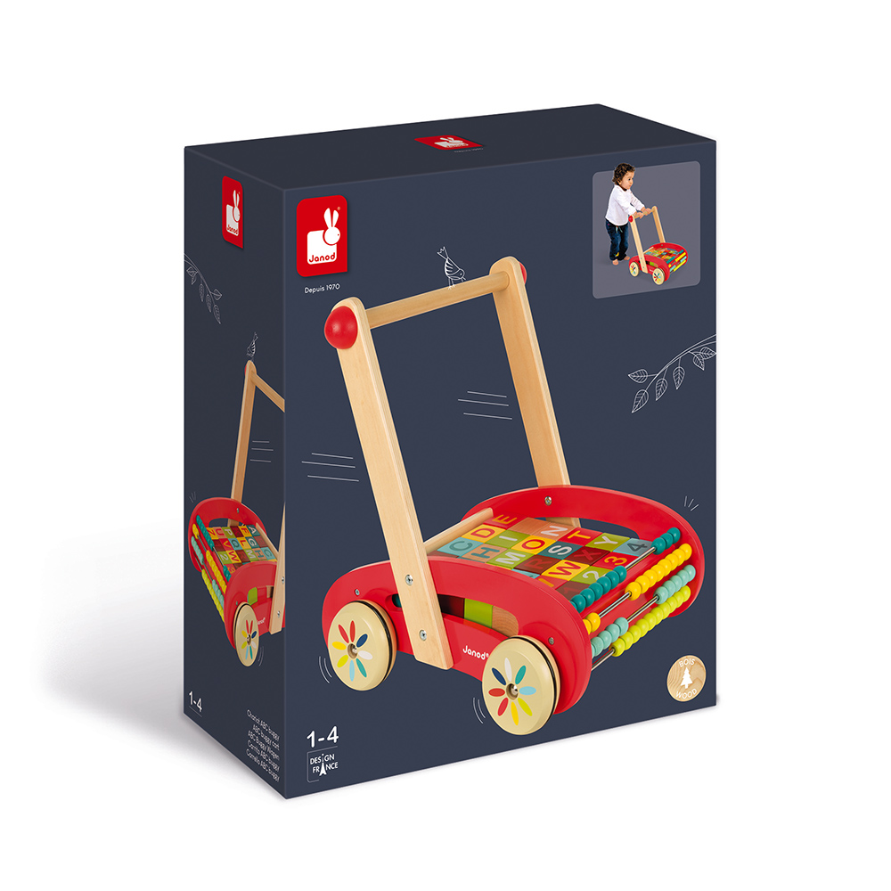Chariot janod ABC Buggy Tatoo - 30 cubes - jouet en bois - boite