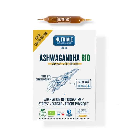 Ashwagandha bio : ampoules concentrées KSM-66® anti-stress