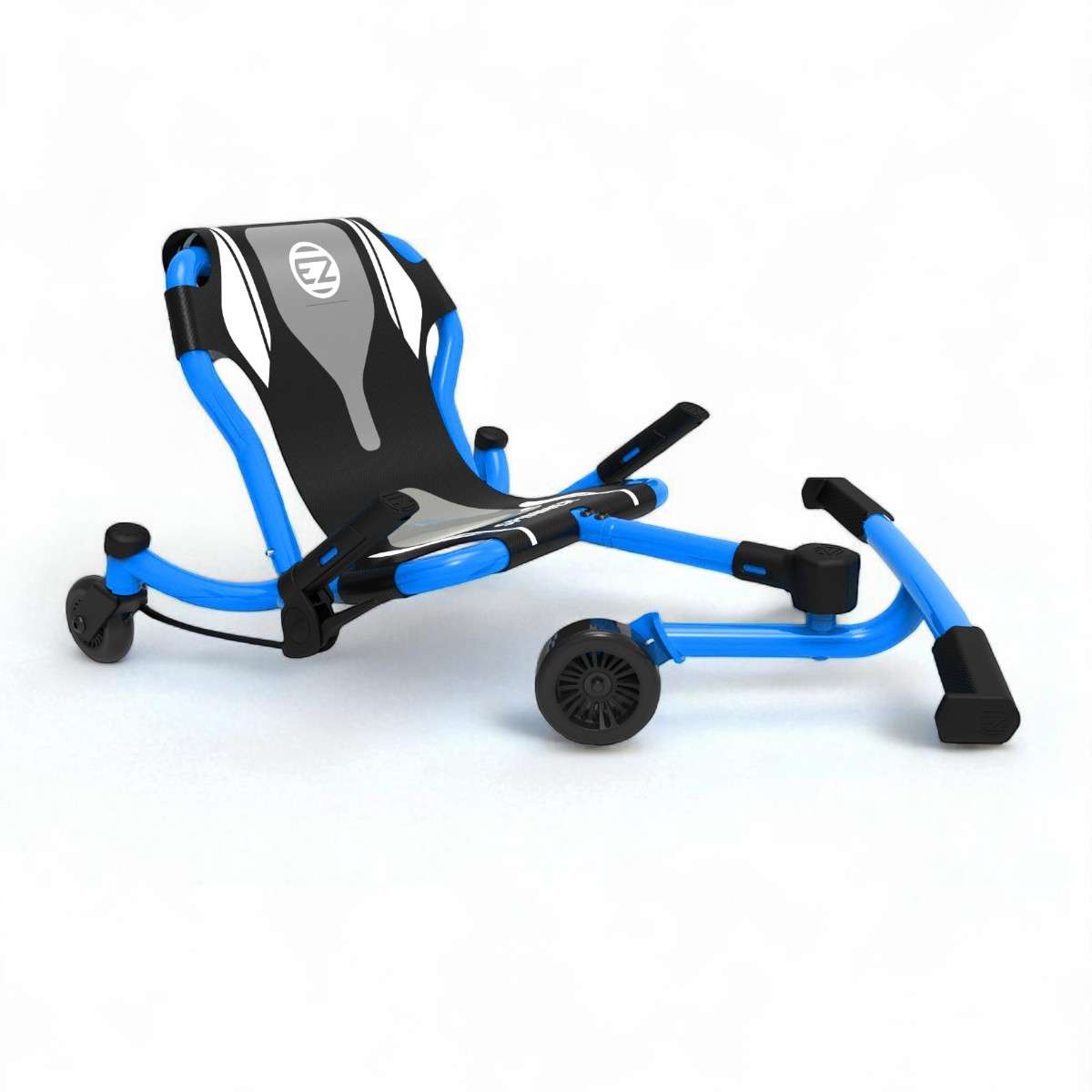 Ezyroller Spinner X Bleu vu en perspective, kart enfant sans pédales conçu pour tourner à 360°