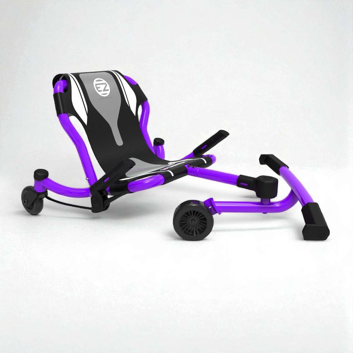 Ezyroller Spinner X Violet Purple en vue d’ensemble, kart enfant sans pédales à rotation 360°, évolutif de 4 à 14 ans.
