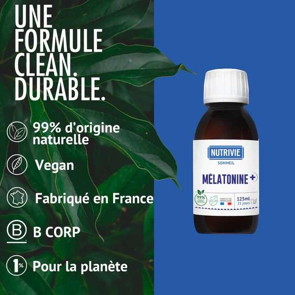 Mélatonine+ Nutrivie, complément alimentaire à base de mélatonine, 99 % d’origine naturelle, vegan, fabriqué en France.