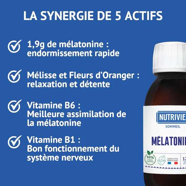 Formule Mélatonine+  1,9 mg de mélatonine, mélisse, fleur d’oranger, vitamines B6 et B1 pour améliorer le sommeil.
