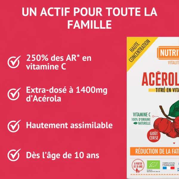 Acérola Bio Nutrivie – Complément 1400 mg, riche en vitamine C naturelle pour toute la famille
