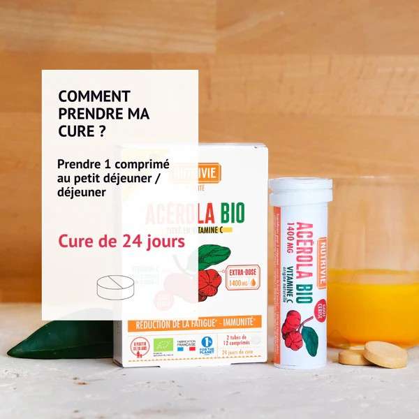 Conseils d’utilisation – Acérola Bio Nutrivie 1400 mg, 1 comprimé par jour, cure de 24 jours