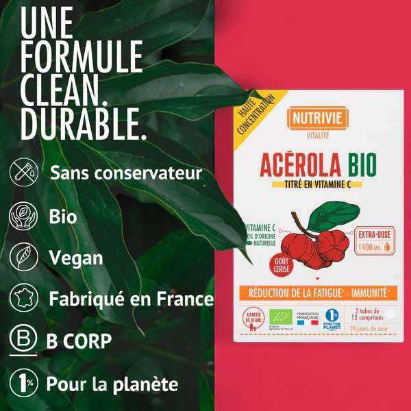 Acérola Bio Nutrivie – Formule bio, vegan, sans conservateur, fabriquée en France