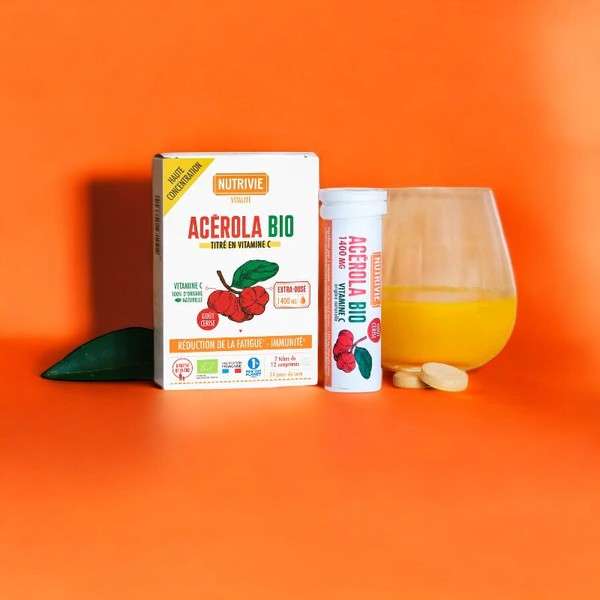 Composition de l’acérola bio Nutrivie – extrait de fruit 1400 mg dont 200 mg vitamine C