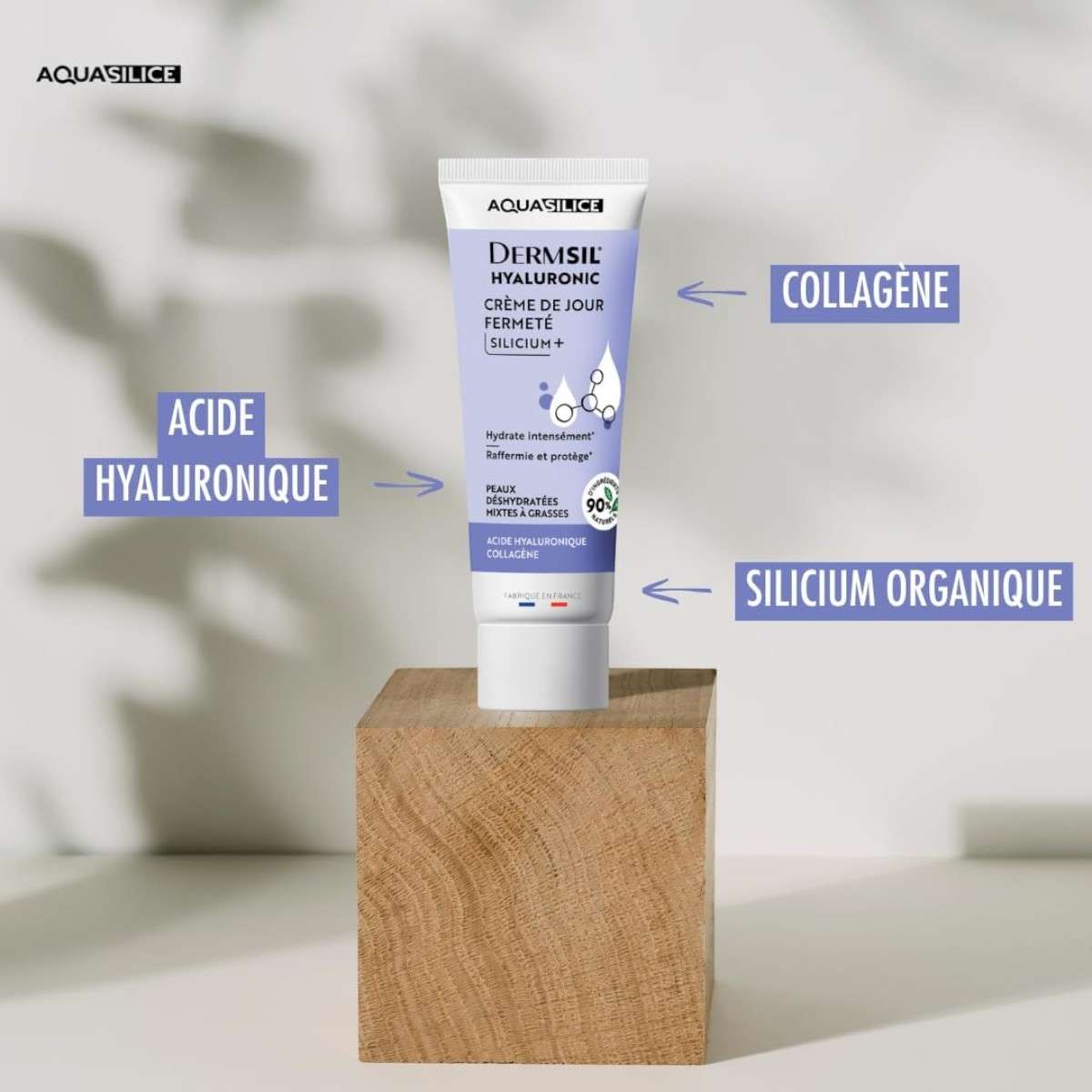 Crème de jour Aquasilice avec acide hyaluronique, collagène et silicium organique – actifs anti-âge