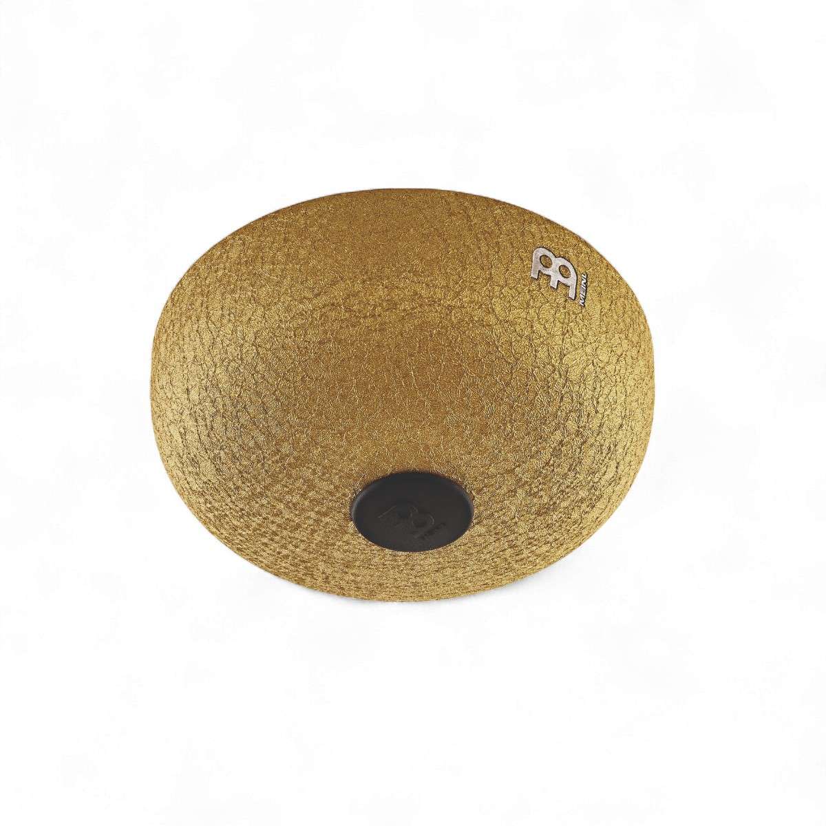 Vue inférieure du steel tongue drum doré Meinl, finition métallique brillante et logo gravé.