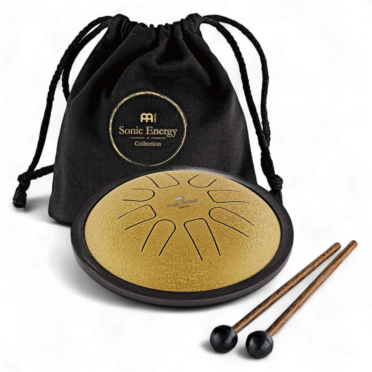 Tambour à langue en acier doré Meinl avec sac de transport noir et maillets en bois