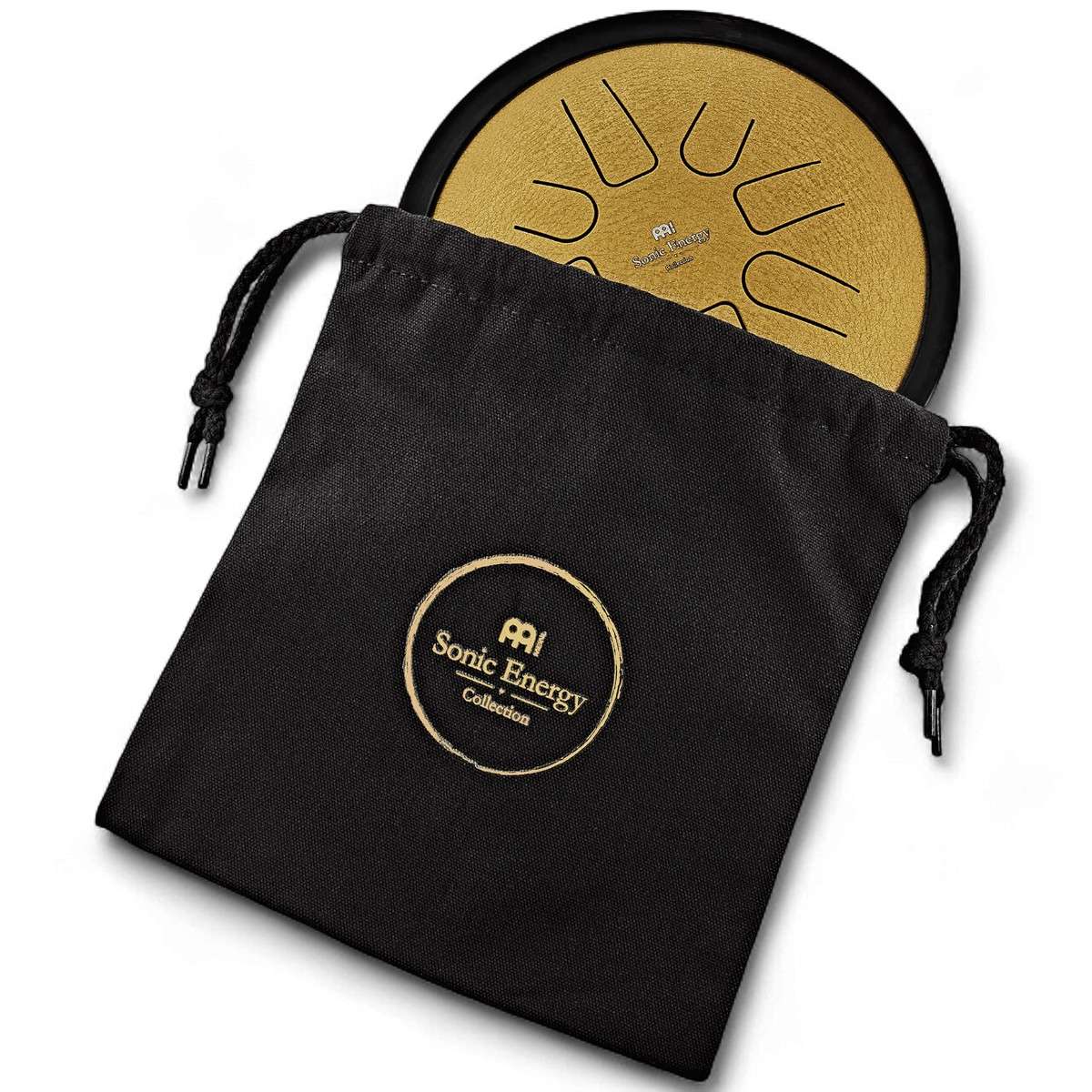 Tambour à langue doré Meinl partiellement rangé dans son sac de transport noir