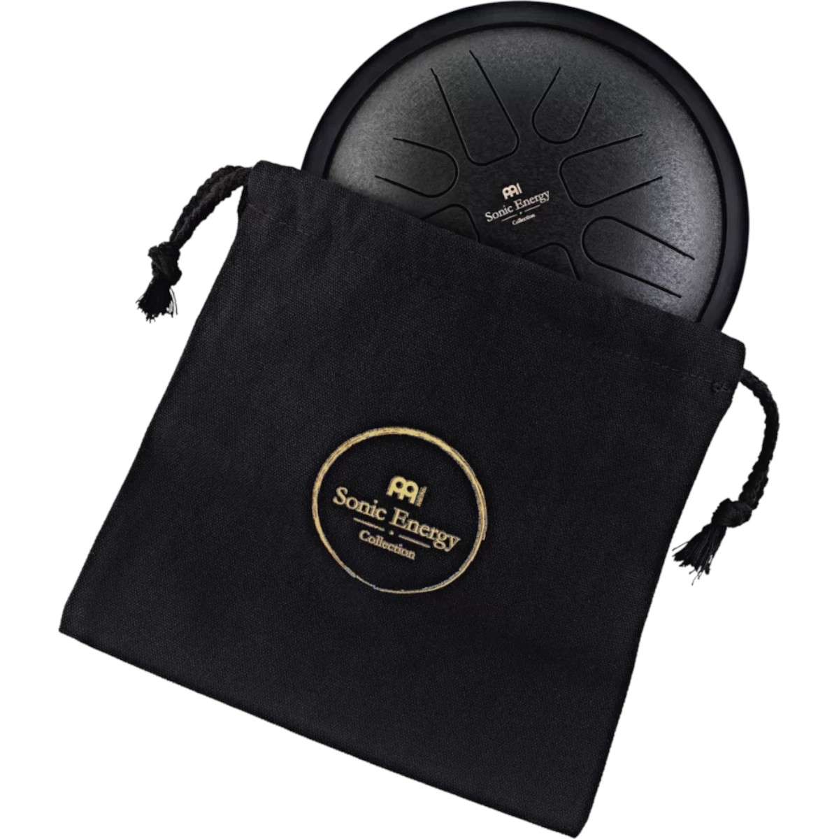 Mini tongue drum Meinl noir rangé dans sa housse de transport en tissu Sonic Energy