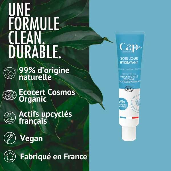 Engagements Cap Hydra  99 % d’origine naturelle, certifiée Ecocert Cosmos Organic, actifs upcyclés français, vegan, fabriqué en France