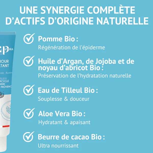 Les actifs stars du soin jour hydratant bio  pomme bio, huiles d’argan, jojoba et noyau d’abricot, eau de tilleul, aloe vera, beurre de cacao