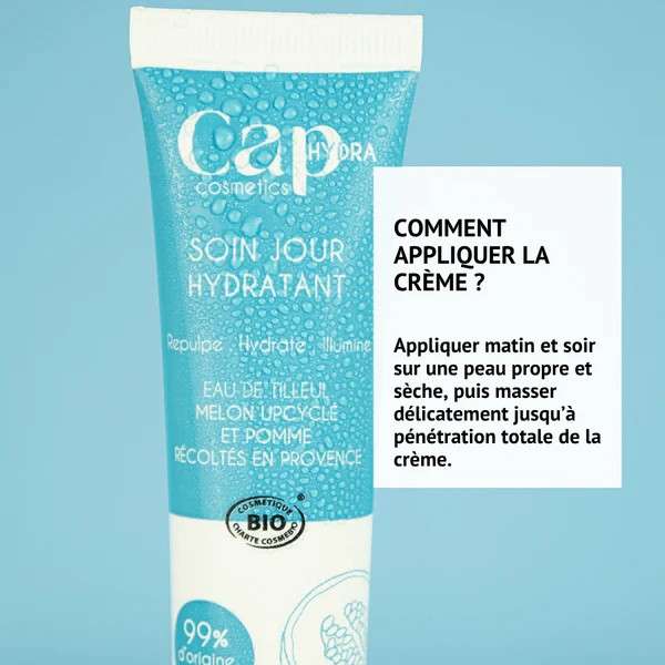 Conseils d’utilisation de la crème hydratante bio Cap Cosmetics  appliquer matin et soir sur peau propre et sèche, masser doucement