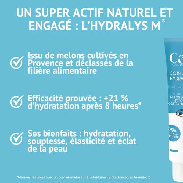 Mise en avant de l’actif Hydralys M upcyclé de Provence  +21 % d’hydratation à 8 h, hydratation, souplesse, éclat de la peau