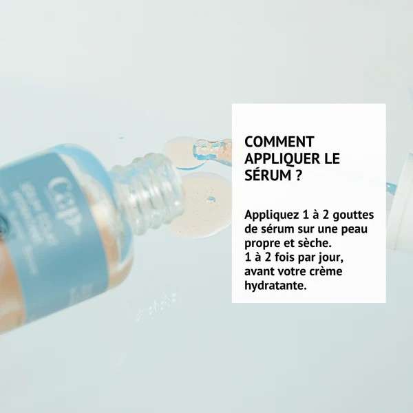 Conseils d’utilisation du sérum éclat hydratant Cap Hydra  appliquer 1 à 2 gouttes matin et soir sur peau propre et sèche, avant la crème