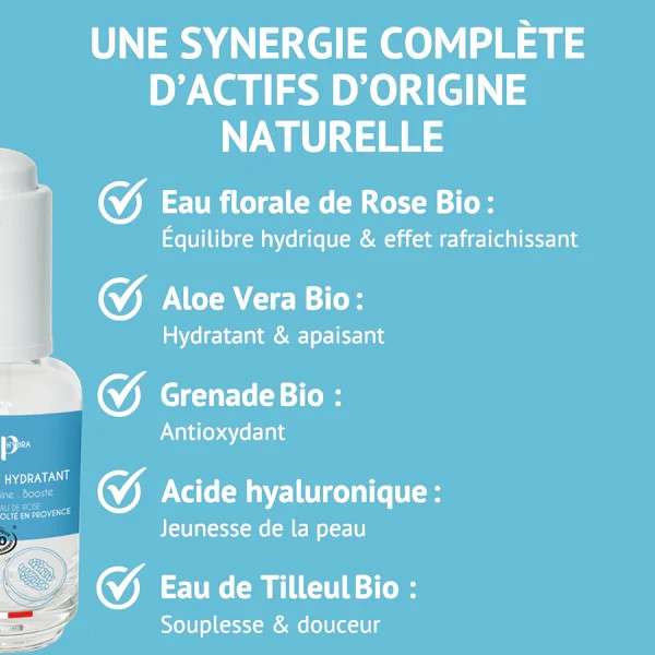 Ingrédients actifs du sérum éclat hydratant Cap Hydra  eau de rose bio, aloe vera bio, grenade bio, acide hyaluronique, eau de tilleul bio