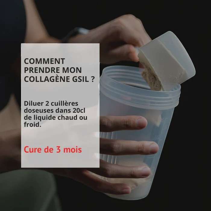 Préparation du Collagène GSIL Naticol® cacao 2 cuillères doseuses à diluer dans 20 cl de liquide chaud ou froid