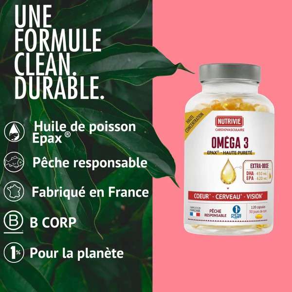 Complément Oméga 3 Nutrivie – formule durable fabriquée en France avec huile Epax®
