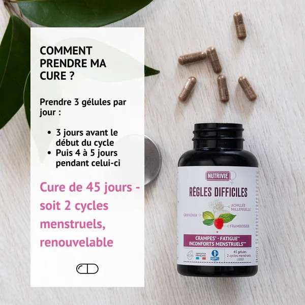 Conseils d’utilisation  3 gélules par jour, 3 jours avant et 4 à 5 jours pendant les règles, cure de 45 jours.