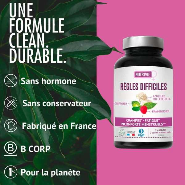 formule naturelle sans hormones Nutrivie Règles Difficiles, à base d’Achillée millefeuille, Framboisier, Camomille, Griffonia et vitamine B6.