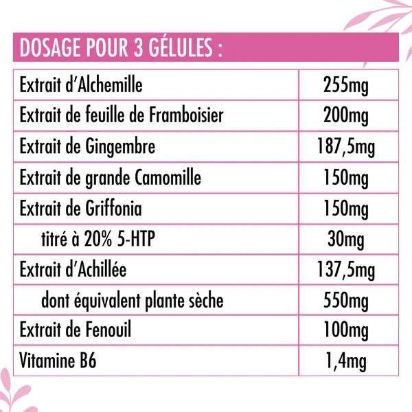 Tableau des dosages pour 3 gélules  Alchémille, Framboisier, Gingembre, Camomille, Griffonia, Achillée, Fenouil, vitamine B6