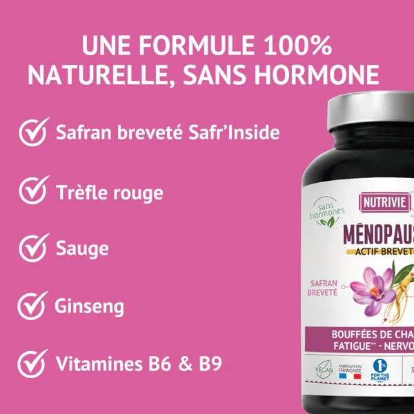 Complément Ménopause Nutrivie – formule clean et durable sans hormone ni conservateur, fabriquée en France, certifiée B Corp et engagée 1% pour la planète