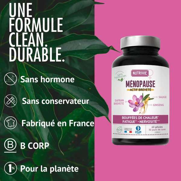 Complément alimentaire Ménopause Nutrivie – formule 100% naturelle sans hormone, avec safran breveté Safr’Inside, trèfle rouge, sauge, ginseng et vitamines B6 et B9.