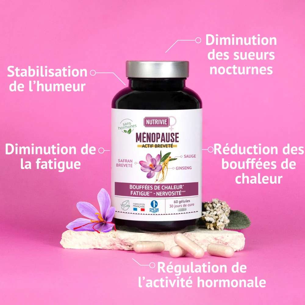 Complément Ménopause Nutrivie – bienfaits sur la régulation hormonale, réduction des bouffées de chaleur, stabilisation de l’humeur et diminution de la fatigue