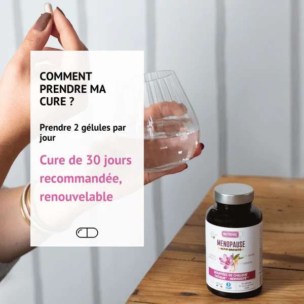 Conseils d’utilisation du complément Ménopause Nutrivie  2 gélules par jour pendant 30 jours, cure renouvelable, facile à intégrer au quotidien