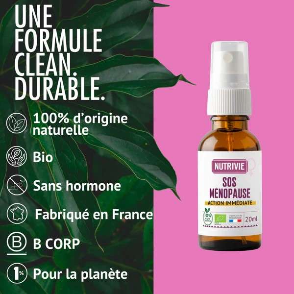 Spray SOS Ménopause Nutrivie – composition naturelle à base de sauge, mélilot, mélisse, airelle, framboisier, bourgeon de pommier et menthe poivrée