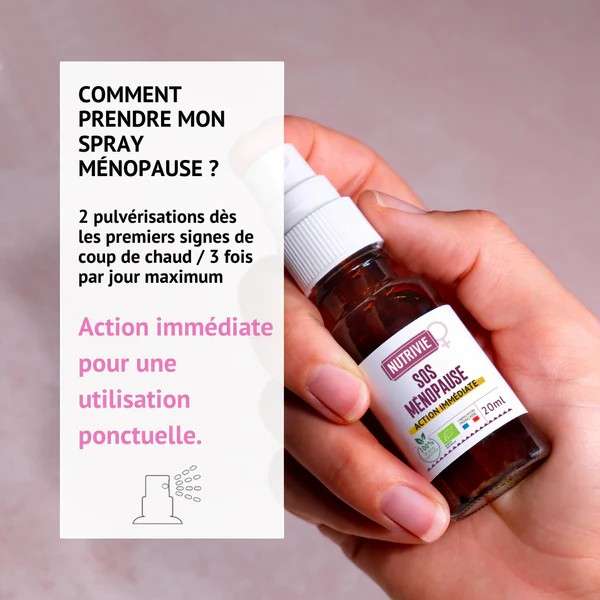 Conseils d’utilisation du spray SOS Ménopause Nutrivie  deux pulvérisations dès les premiers signes de bouffées de chaleur, jusqu’à trois fois par jour