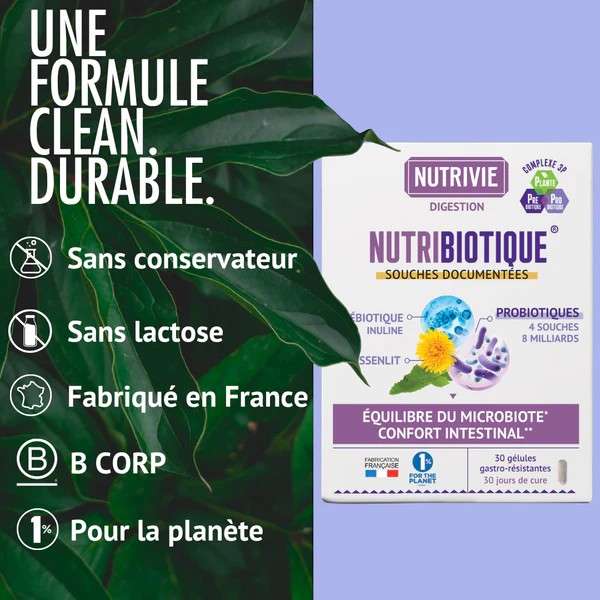 Présentation de la formule Nutribiotique  4 souches probiotiques, inuline de chicorée et racine de pissenlit pour une synergie 3-en-1