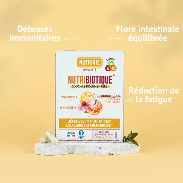 Boîte de Nutribiotique Immunité Nutrivie illustrant les bienfaits  défenses immunitaires renforcées, flore intestinale équilibrée et réduction de la fatigue.