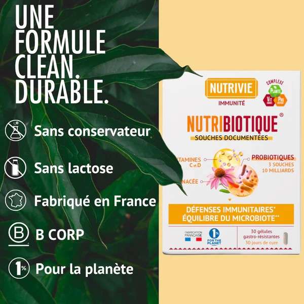 Infographie Nutribiotique Immunité Nutrivie présentant la synergie 3-en-1  probiotiques, vitamines C et D, et extrait d’échinacée pour soutenir les défenses naturelles