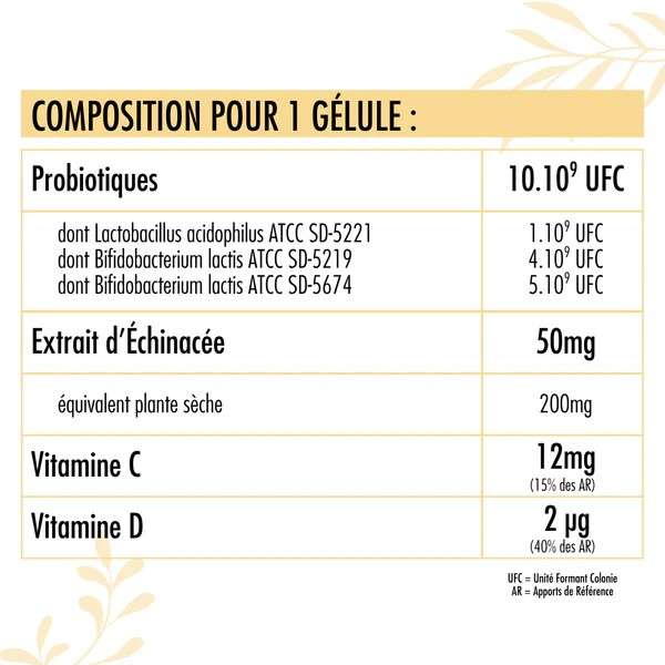 Tableau nutritionnel Nutribiotique Immunité détaillant les apports en probiotiques, échinacée, vitamine C et vitamine D par gélule
