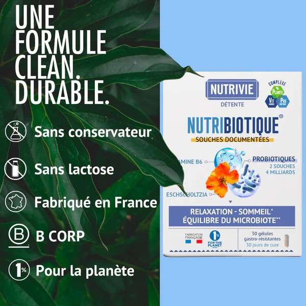 Composition du complément Nutribiotique Stress &amp; Sommeil avec probiotiques, vitamine B6 et eschscholtzia pour la détente et la relaxation