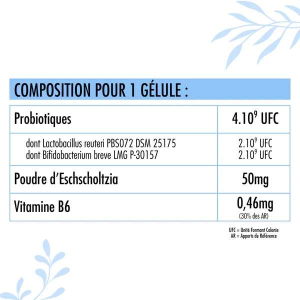 Tableau nutritionnel de Nutribiotique Stress &amp; Sommeil indiquant la teneur en probiotiques, eschscholtzia et vitamine B6