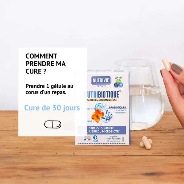 Conseils d’utilisation Nutribiotique Stress &amp; Sommeil  1 gélule par jour au cours d’un repas, cure de 30 jours