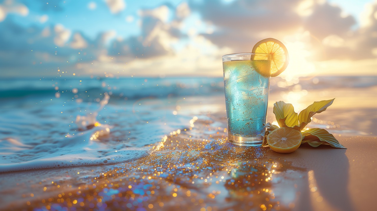 Verre d’eau citronnée posé près de l’eau, symbole d’une hydratation alcaline au réveil