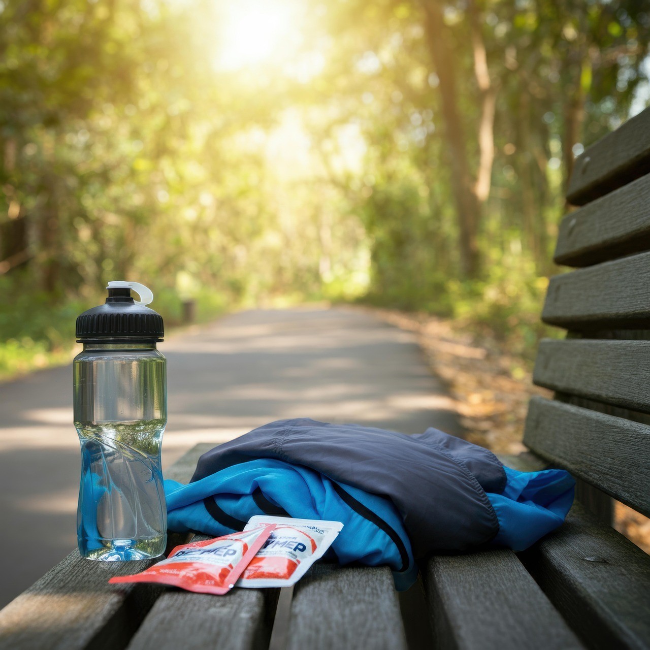 Bouteille d'eau posée sur un banc en extérieur avec tenue de sport, illustrant l’hydratation alcaline après l’effort