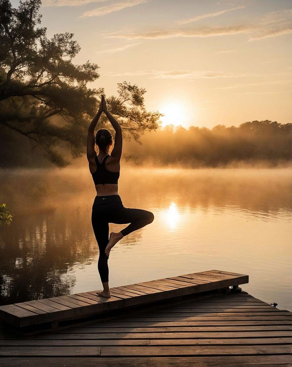 Personne en posture de yoga au lever du soleil, symbole d’un mode de vie apaisé et alcalinisant