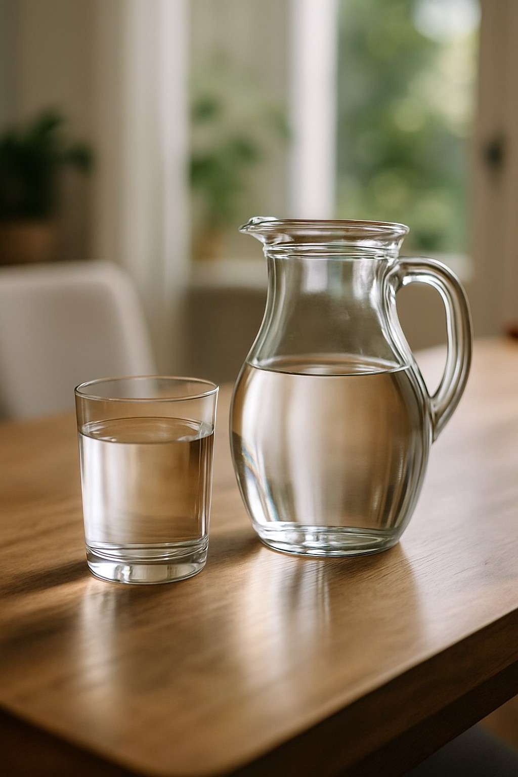 Carafe d’eau et verre d’eau claire sur une table, illustrant le rôle de l’hydratation dans l’équilibre acido-basique