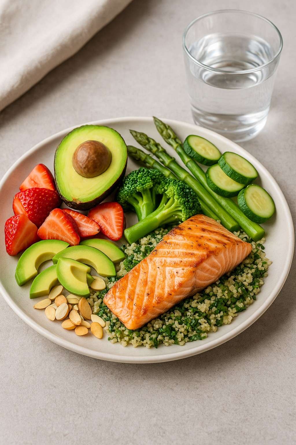 Assiette colorée de quinoa, légumes verts et avocat accompagnée d’un verre d’eau, illustrant un repas de récupération alcalinisant