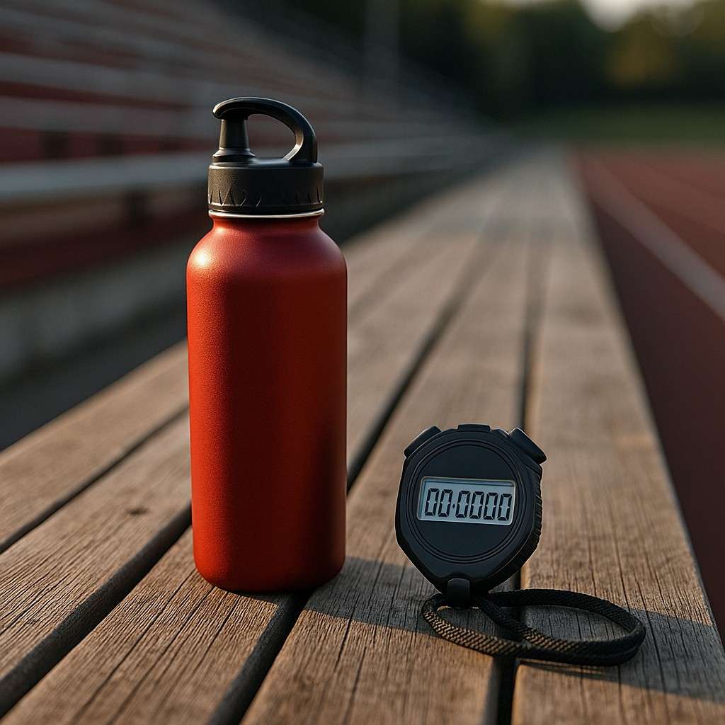Gourde de sport en inox remplie d’eau posée à côté d’un chronomètre sur un banc de stade