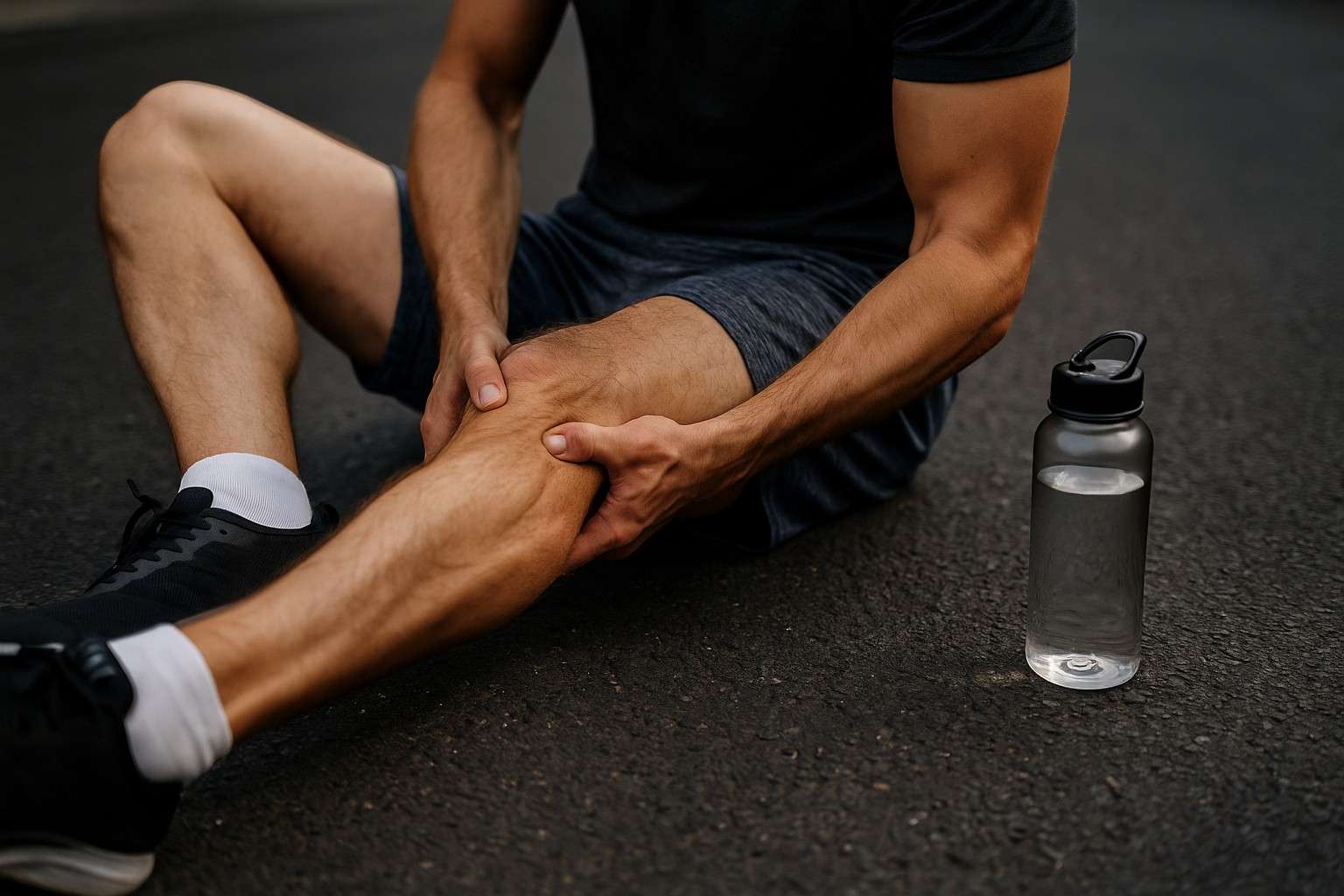 Gros plan sur les jambes d’un coureur avec muscles contractés, symbolisant l’acidité musculaire après un effort intense