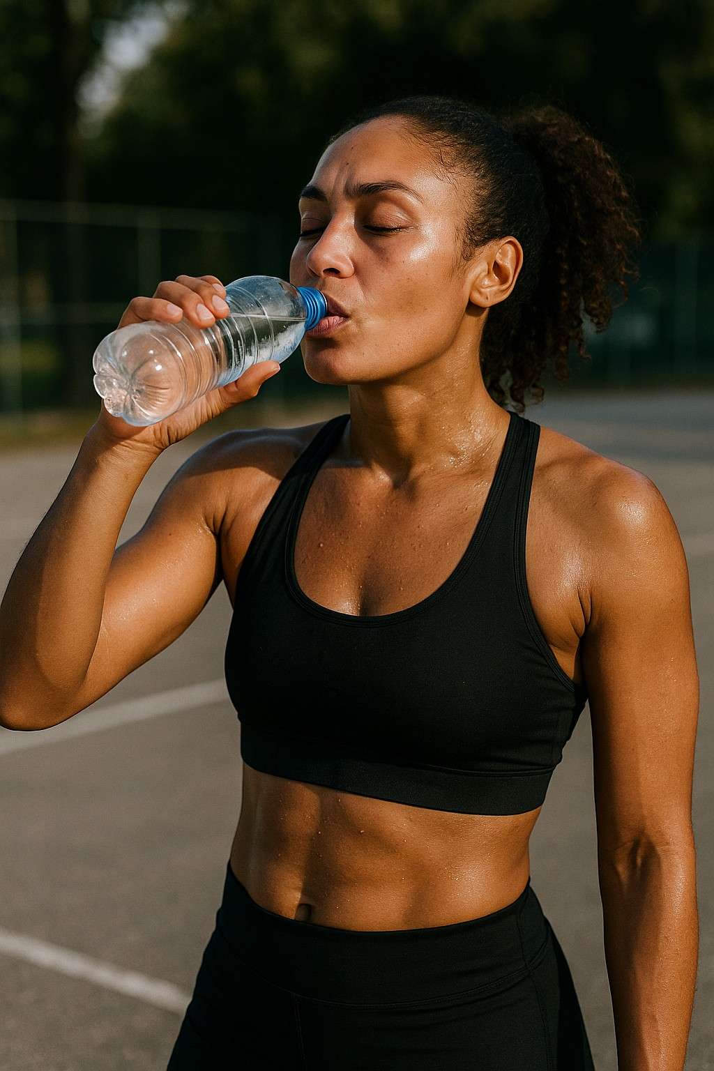 Sportive en tenue de running buvant une gourde d’eau, illustrant l’hydratation alcaline après l’effort